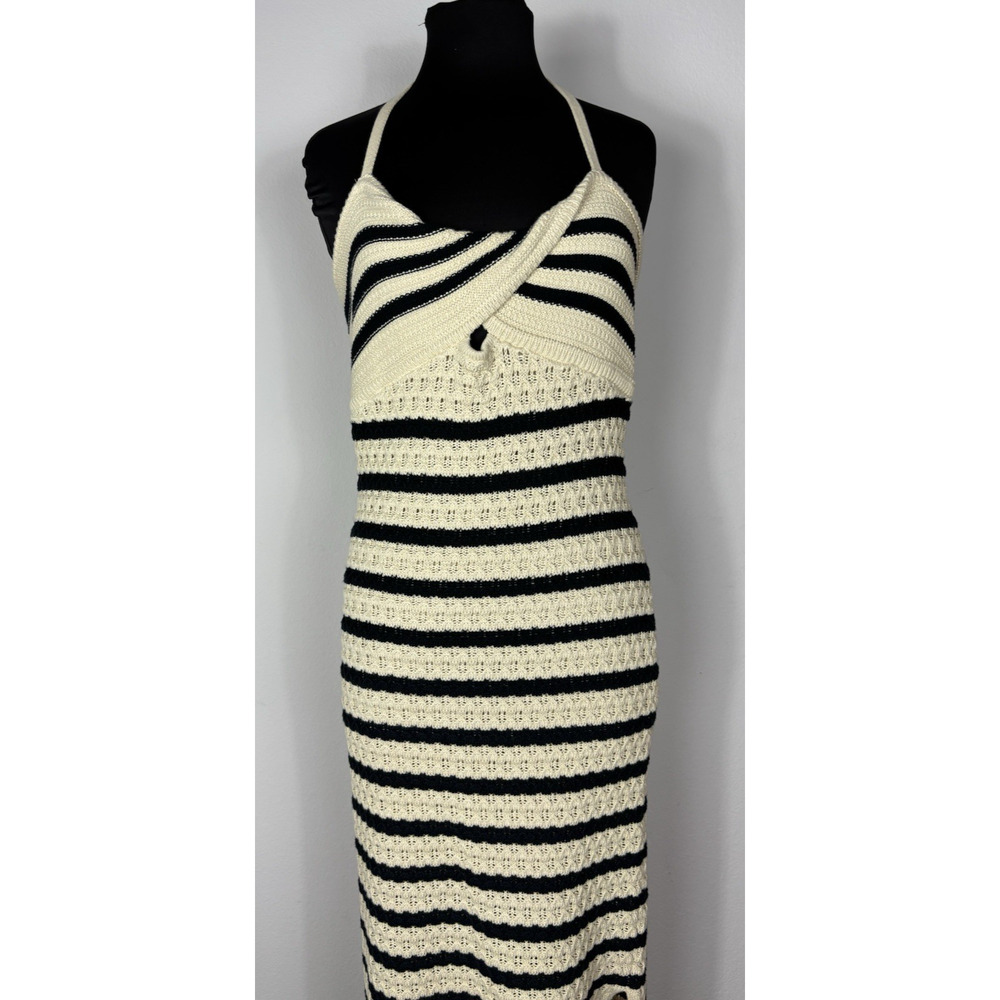 House of Harlow 1960 Tan Black Stripe Crochet Halter Midi Dress Boho Resort Sz M